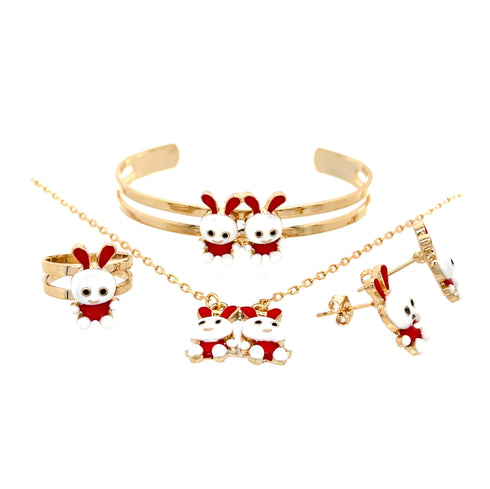 Explore the Girls Easter Bunny Set, a delightful jewelry ensemble that includes a necklace, cuff bracelet, ring, and earrings. This 10k gold-filled collection showcases charming red and white bunny designs on each piece, making it perfect for celebrating in style!